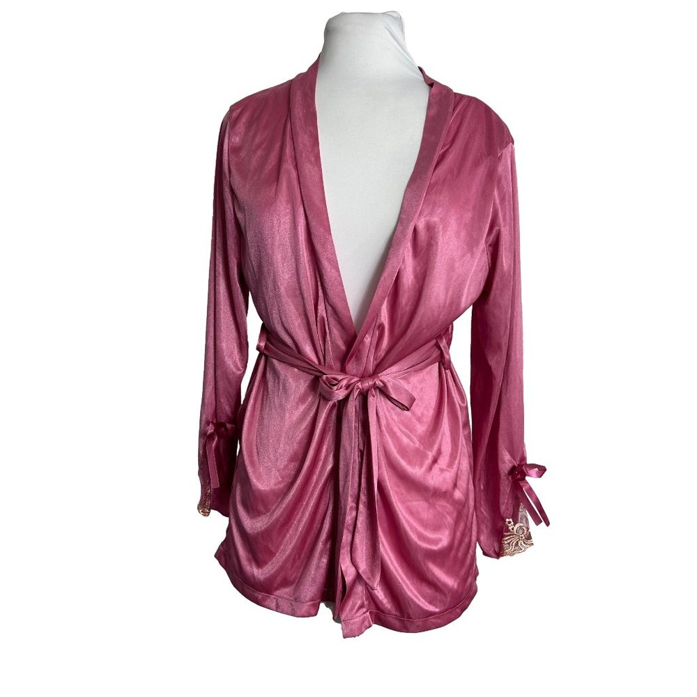 Pink Womens Bed Jacket Size Small Long Sleeve Lace Ribbon Waist Tie Polyester